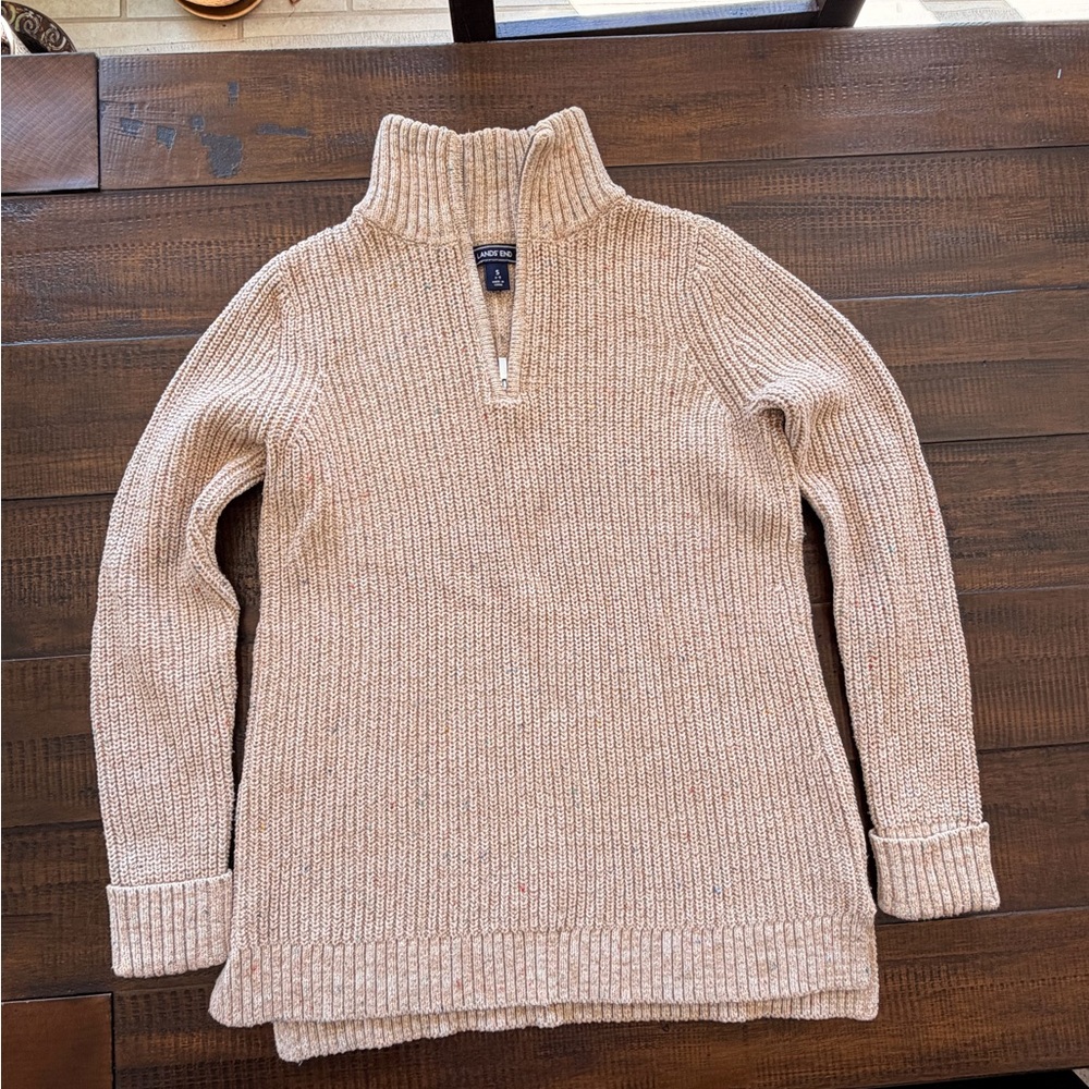 Lands' End Cream Ribbed Half-Zip Turtleneck Sweater